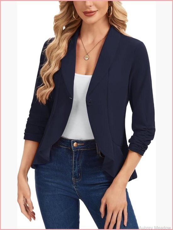 Jackets & Blazers - Casual Ruched 3/4 Sleeve Blazer Ruffle Hem Shawl Lapel One Button Jacket Suit